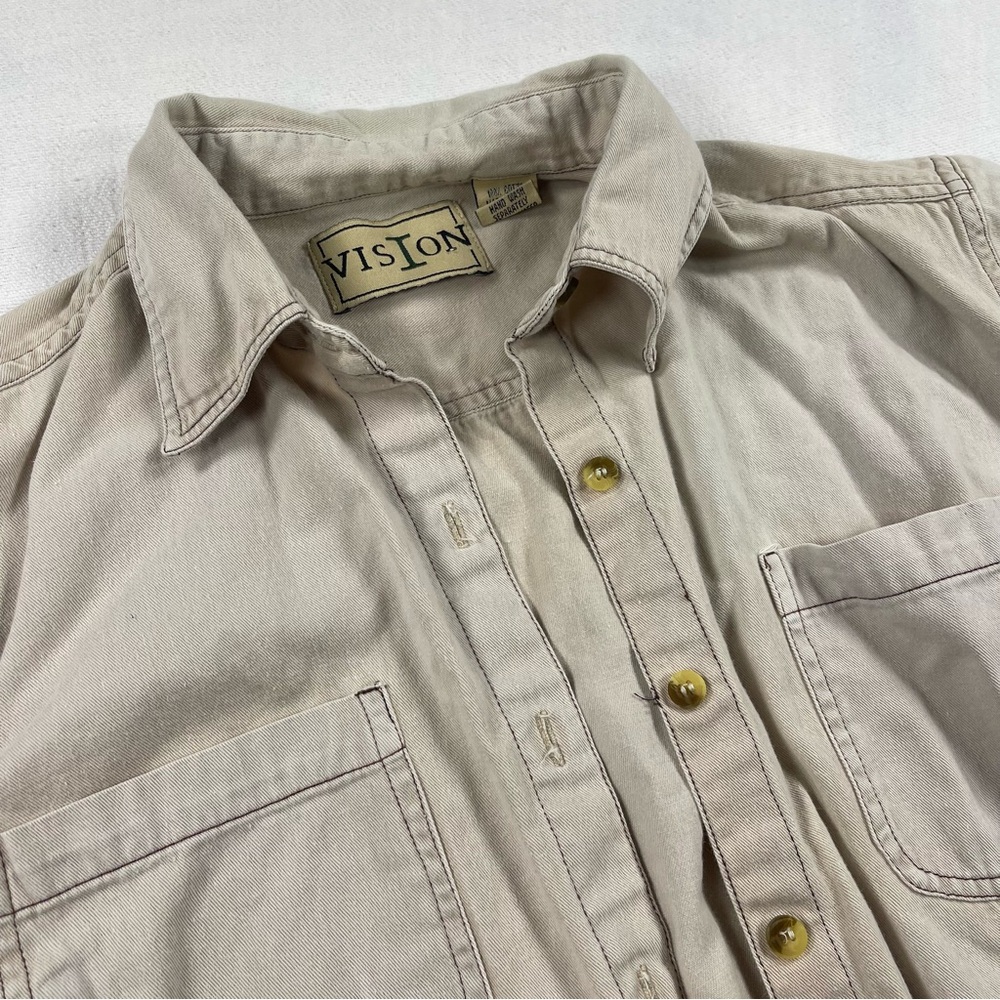 Vintage Beige Short-Sleeve cropped Button-Up Shirt minimalist natural - Picture 3 of 7
